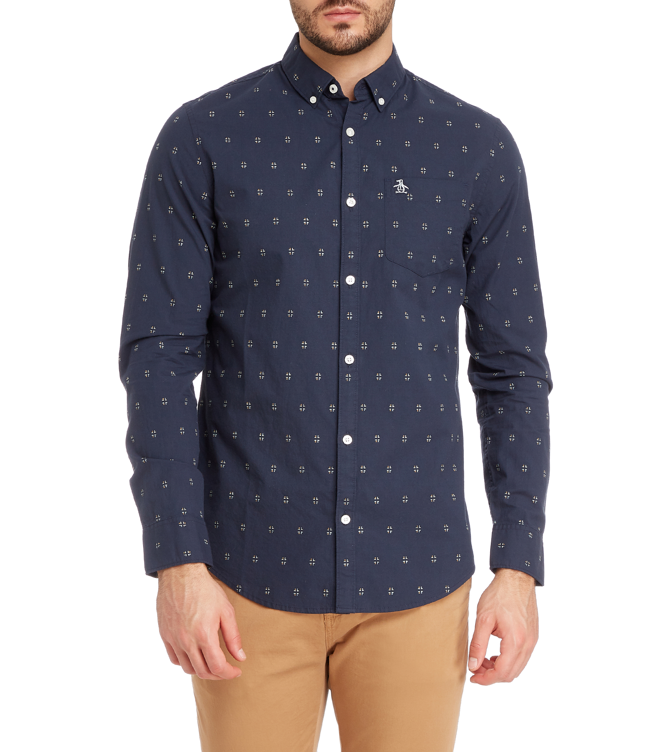 Camisa azul marino hotsell con puntos blancos
